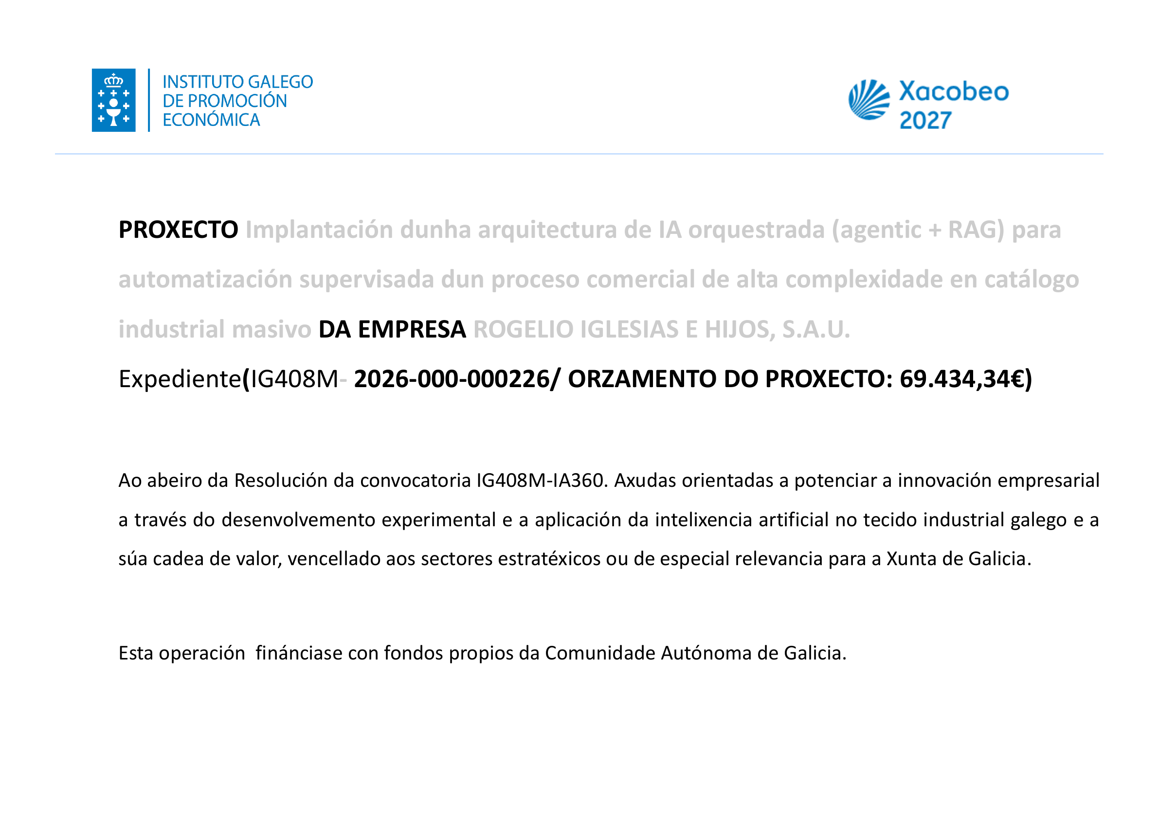 Cartel del proyecto de implantación de una arquitectura de inteligencia artificial para Rogelio Iglesias e Hijos, S.A.U.